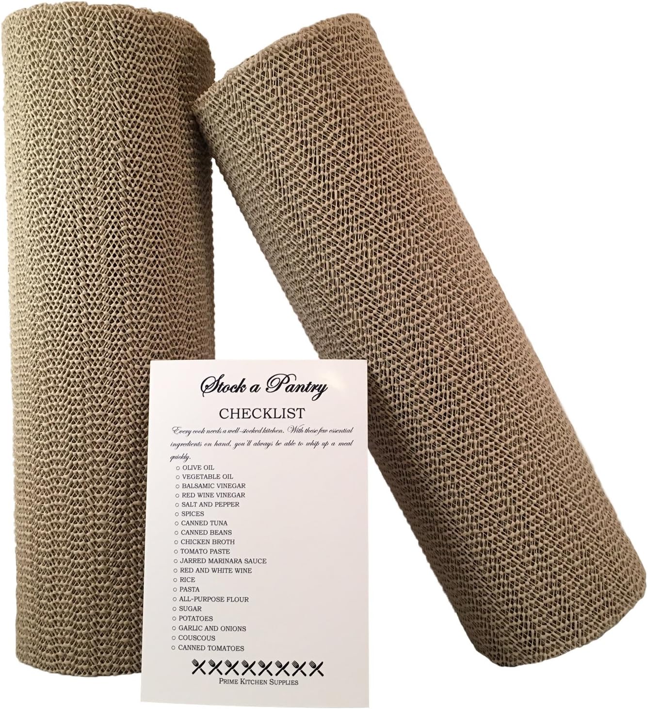 Non Slip Shelf Liners for Kitchen Cabinets Rubberized Mat Roll (12” x 20’ Each) (2 Pack) Plus Pantry Checklist (Taupe)