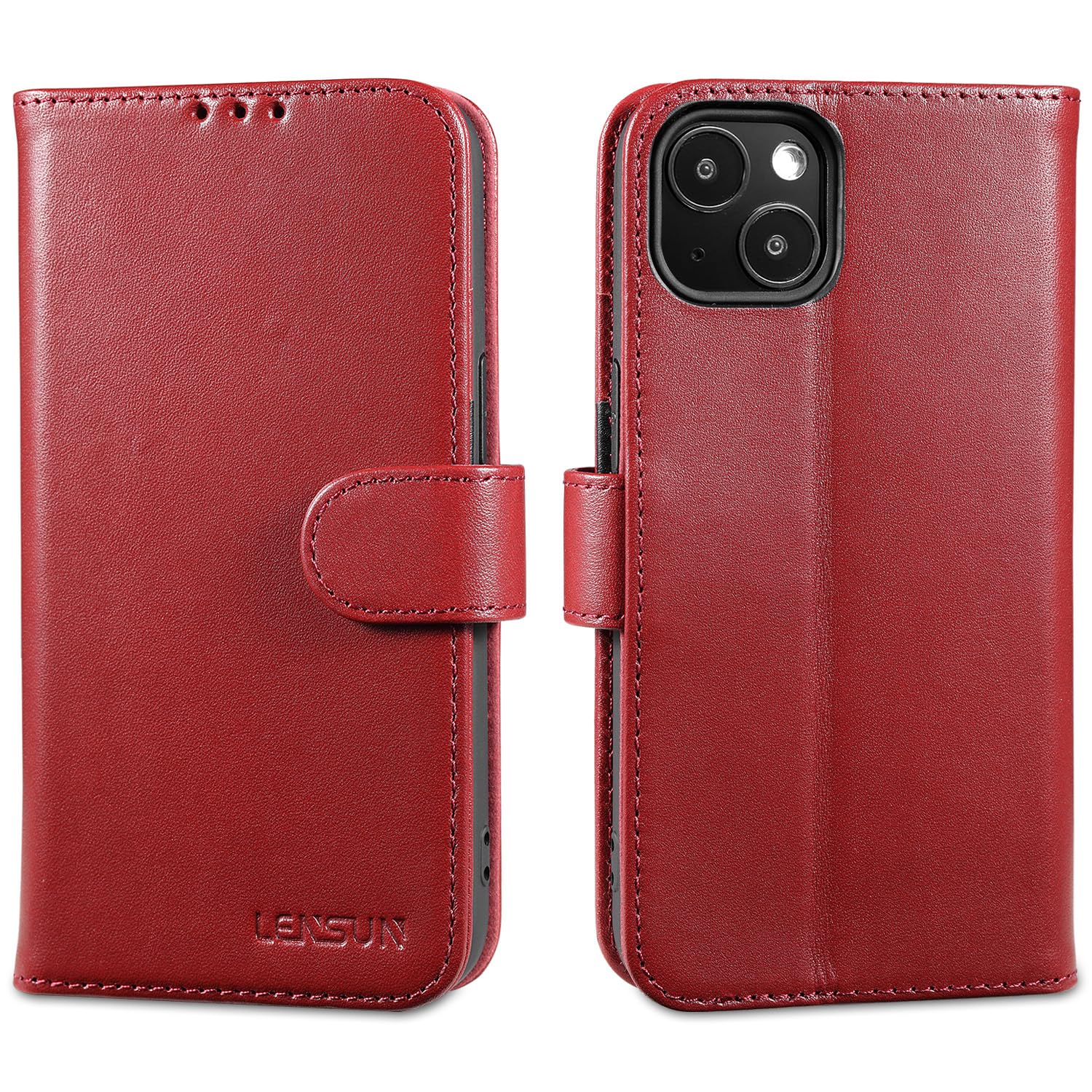 LENSUN Flip Case for iPhone 13, Genuine Leather Wallet Shockproof Folio Phone Cover [RFID Blocking] with Card Holder and Magnetic Closure Compatible with iPhone 13 - Wine Red