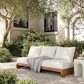 Merax Outdoor Acacia Wood 3-Seater Sofa with All-Weather Cushions | Patio Low Lounge sofa for Porch, Lawn, Backyard, Balcony, Beige +Teak