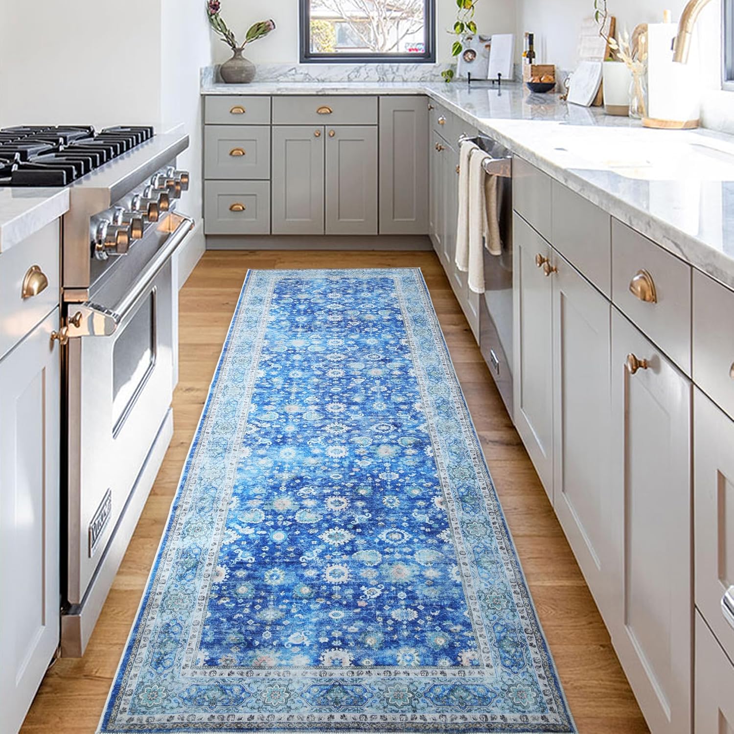 Rugs, Pads & Protectors - Rugcomf Runner Rug 2'6''x8' Hallway Runner Rug Washable Boho Rug Soft Area Rug Non-Slip Non-Shedding Faux Wool Vintage Persian Rug for Kitchen, Entryway, Laundry, Bedroom, Indoor (Blue)