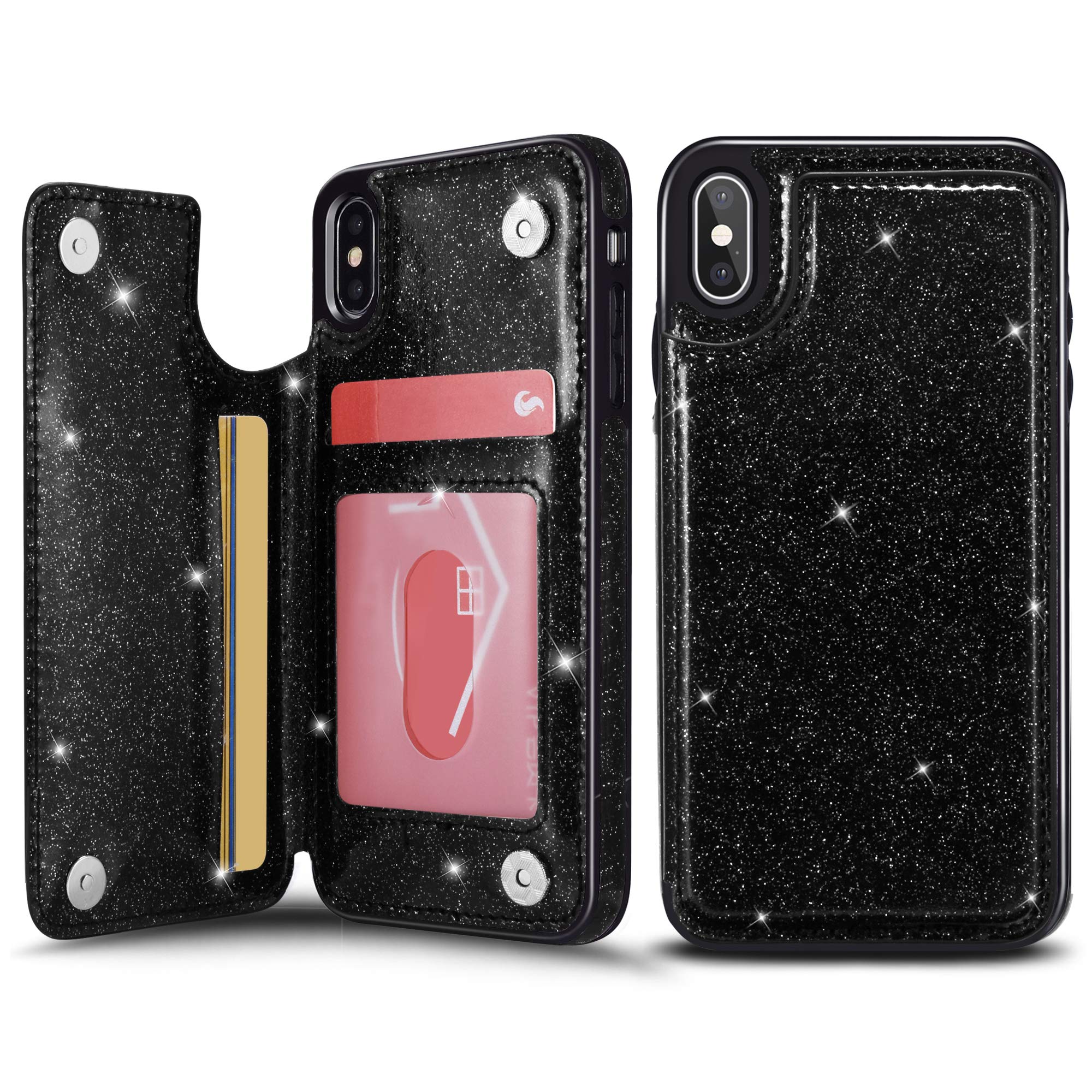 UEEBAI Case for iPhone X/XS, Premium Glitter PU Leather Wallet Cover [Magnetic Clasp] [Card Slots] Stand Function, Durable Shockproof Soft TPU Case - Black#2