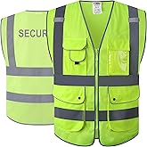 JKSafety 9 Pockets Class 2 Security Hi-Vis HQ Mesh Lite Hi-Vis Zipper Front Safety Vest | Neon Color Body with Retro-Reflective Strips | Comply ANSI/ISEA Safety Standards (200-Security-Yellow, L)