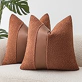 SINYASAN 18"x18" Rust Red Boucle Throw Pillow Covers with Faux Leather Accents Set of 2 Fluffy Textured Decorative Pillow Cases for Couch Bed Boho Farmhouse Square Cushion Covers for Nordic Home