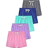 QWE 5 Pack Girls Shorts Athletic Soccer Running Performance Active Dry-Fit Sports Basketball Shorts with Drawstring Pocket
