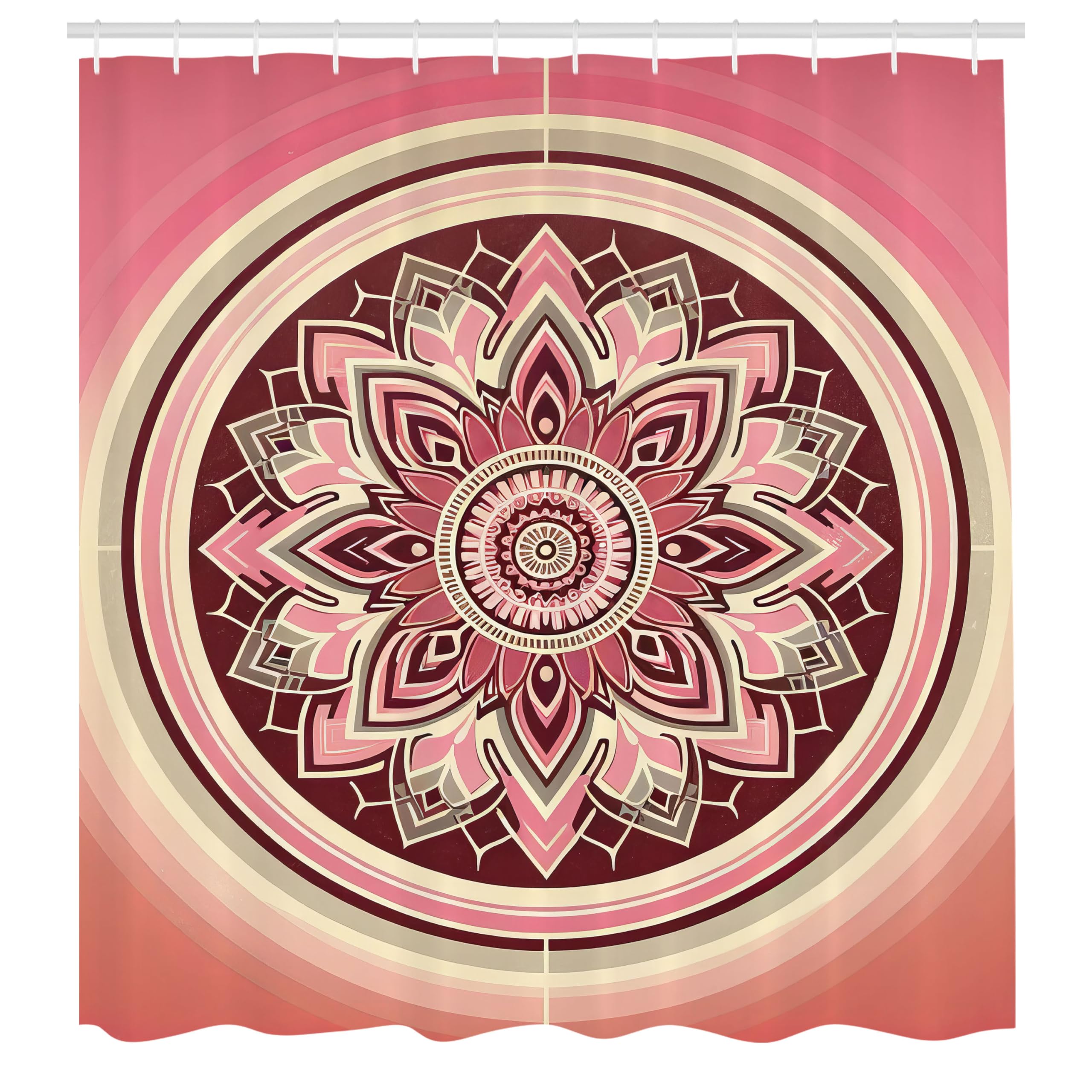 ABAKUHAUS Pink Shower Curtain, Boho Manadala Retrospective, Cloth Fabric Bathroom Decor Set with Hooks, 175 x 200 cm, Dried Rose Peach