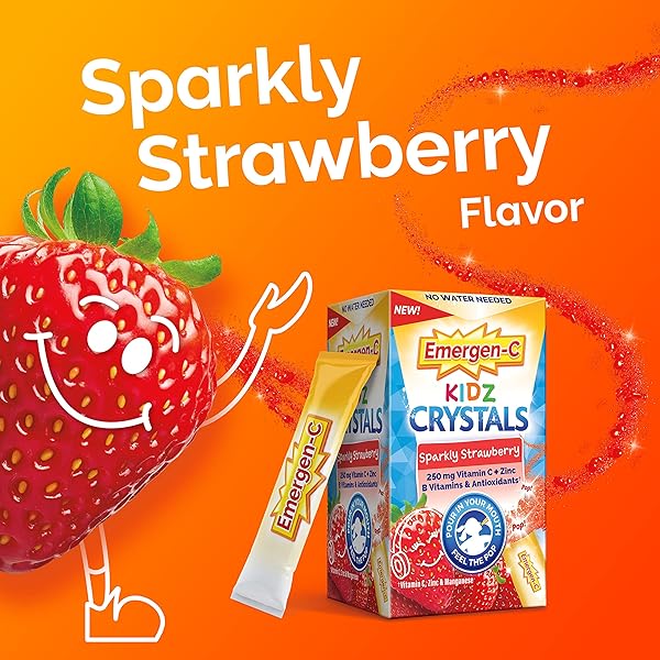 EMERGEN-C KIDZ CRYSTALS, ON-THE-GO EMERGEN-C IMMUNE SUPPORT SUPPLEMENT WITH VITAMIN C, B VITAMINS, ZINC AND MANGANESE, SPARKLY STRAWBERRY, STOCKING STUFFER – 56 STICK PACKS