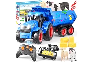Funwee RC Tractor Toy Set with Light & Sound, Kids Farm Car Animal Trailer Wheels Remote Truck, Outdoor Vehicle Toys Birthday Gift Idea for 3 4 5 6 7+ Years Old Toddler Boys and Girls(Blue)