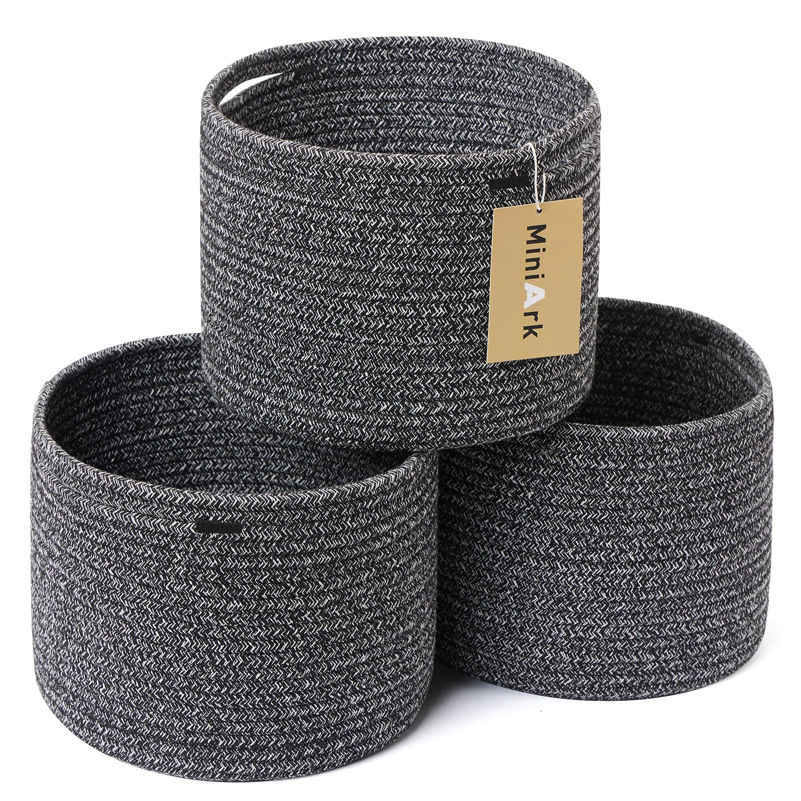 MiniArk Small Basket for Organizing | Cube Shelf Closet Storage Baskets | 9.7×9.7×7.1” | Woven Rope Gift Basket | Nursery | Round 3 Packs Dark Gray