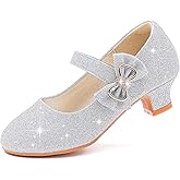 Dufannie Girls Dress Shoes Low Heel Princess Flats Mary Jane Flower Wedding Party Glitter Shoes for Kids Toddler