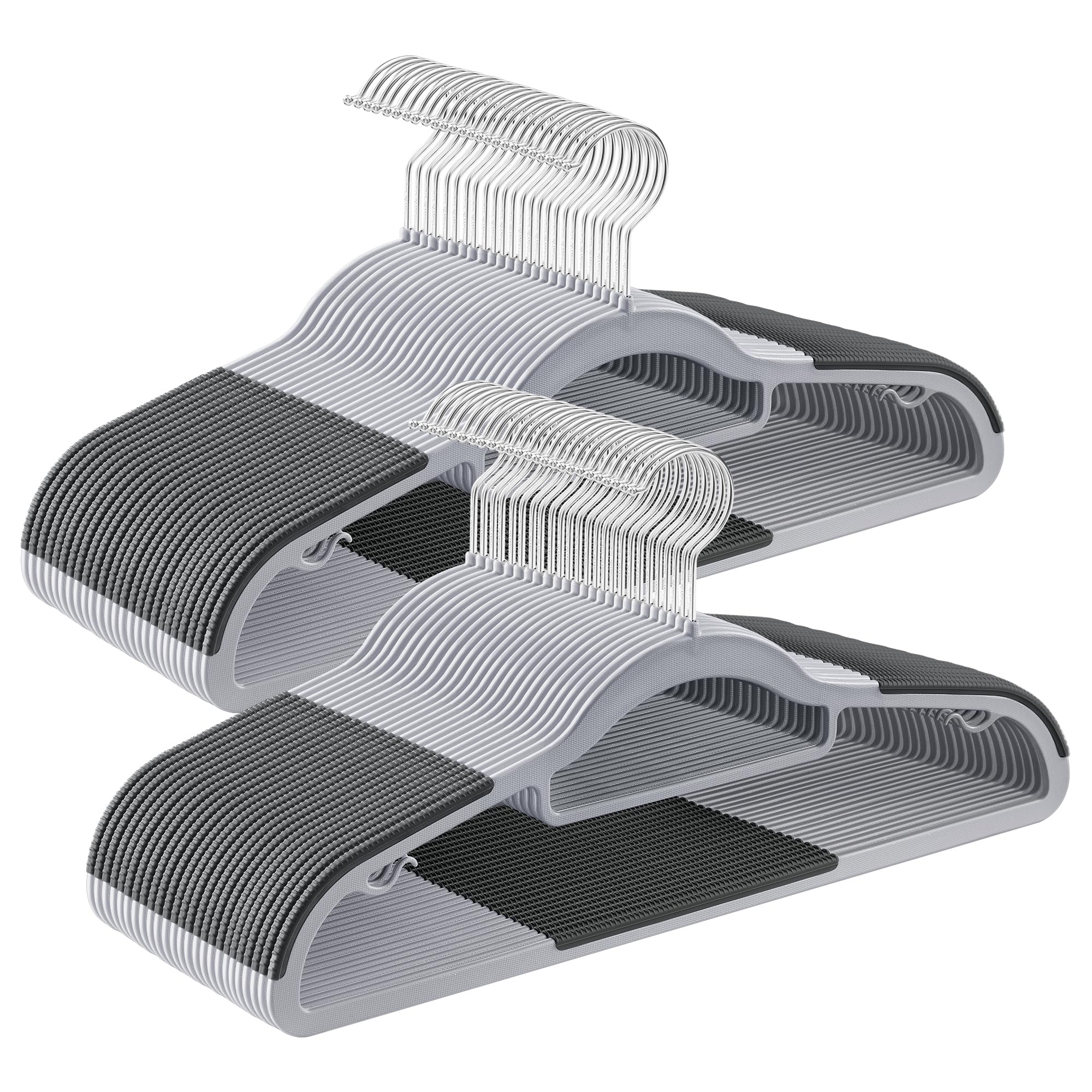 SONGMICS Pack of 50 Coat Hangers, Space-Saving Plastic Clothes Hangers, Non-Slip, 0.2 Inches Slim, 16.5 Inches Wide, 360° Swivel Silver Hook, Light Gray and Dark Gray UCRP20G50 Image