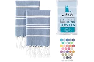 WETCAT Turkish Hand Towels with Hanging Loop, Set of 2 (20" x 30") 100% Turkish Cotton, Pre-Washed, Quick Drying, for Kitchen or Bathroom - Denim Blue
