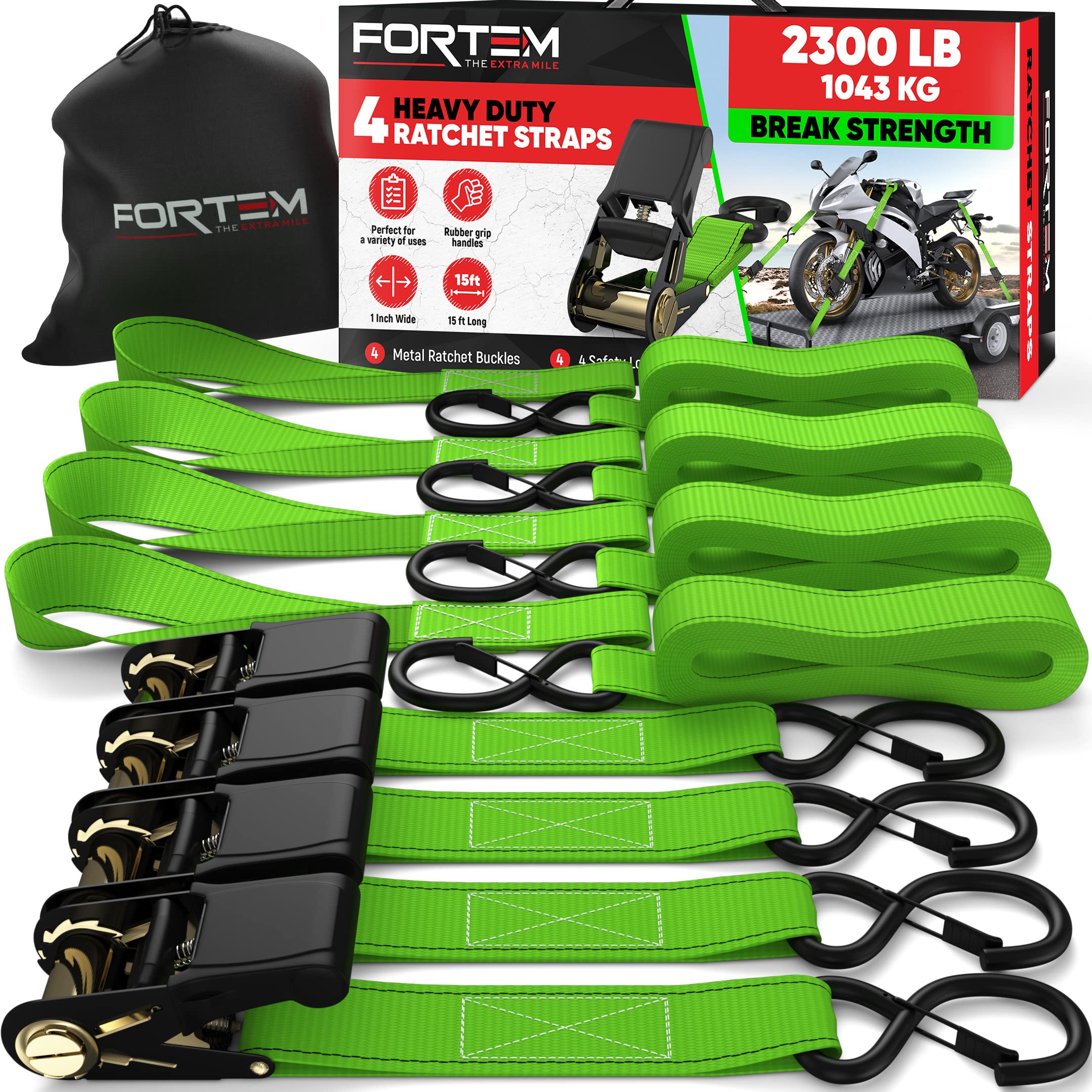 FORTEM Ratchet Straps, 1043kg Break Strength, 4 Pack 4.6m x 2.54cm Tie Down Strap Set, 4 Soft Loops, Motorcycle Straps Tie Downs, Cargo Cam Buckles, Rubber Handles, Safety Lock S Hooks, Carry Bag