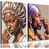 2Pcs Funny African American Bathroom Canvas Wall Art African men and Women Pinch Nose Poster Prints Wall Decor Paintings Funky Humour Smell WC Pictures Apartmen Aesthetic Decoration Gift