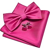 GUSLESON Mens Solid Color Double Fold Pre-tied Bow Tie and Pocket Square Cufflink Set with Gift Box
