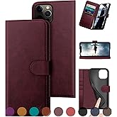 DuckSky for iPhone 12/12 Pro 6.1" Genuine Leather Wallet case 【RFID Blocking】【4 Credit Card Holder】【Real Leather】 Flip Folio Book Phone case Protective Cover Women Men for Apple 12 case Wine Red
