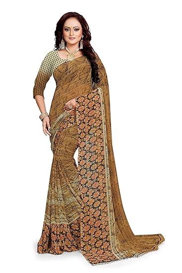 Women's Georgette Printed Saree with Blouse Piece (PR-GE-25, Brown)