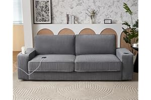 VanAcc Sofa, 89 inch Modern Sofa with USB Charging Ports & Cup Holders, Deep Seat Sofa Couch- Comfy Couch for Living Room (Grey Corduroy)