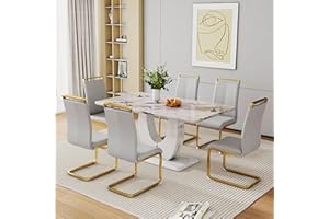 Btikita Dining Table Set for 6, Kitchen Table Chairs Set of 6, Modern Dining Room Set with 63 inch Marble Dinner Table Leather Upholstered Chairs (Light Grey-Golden Leg, White Table)