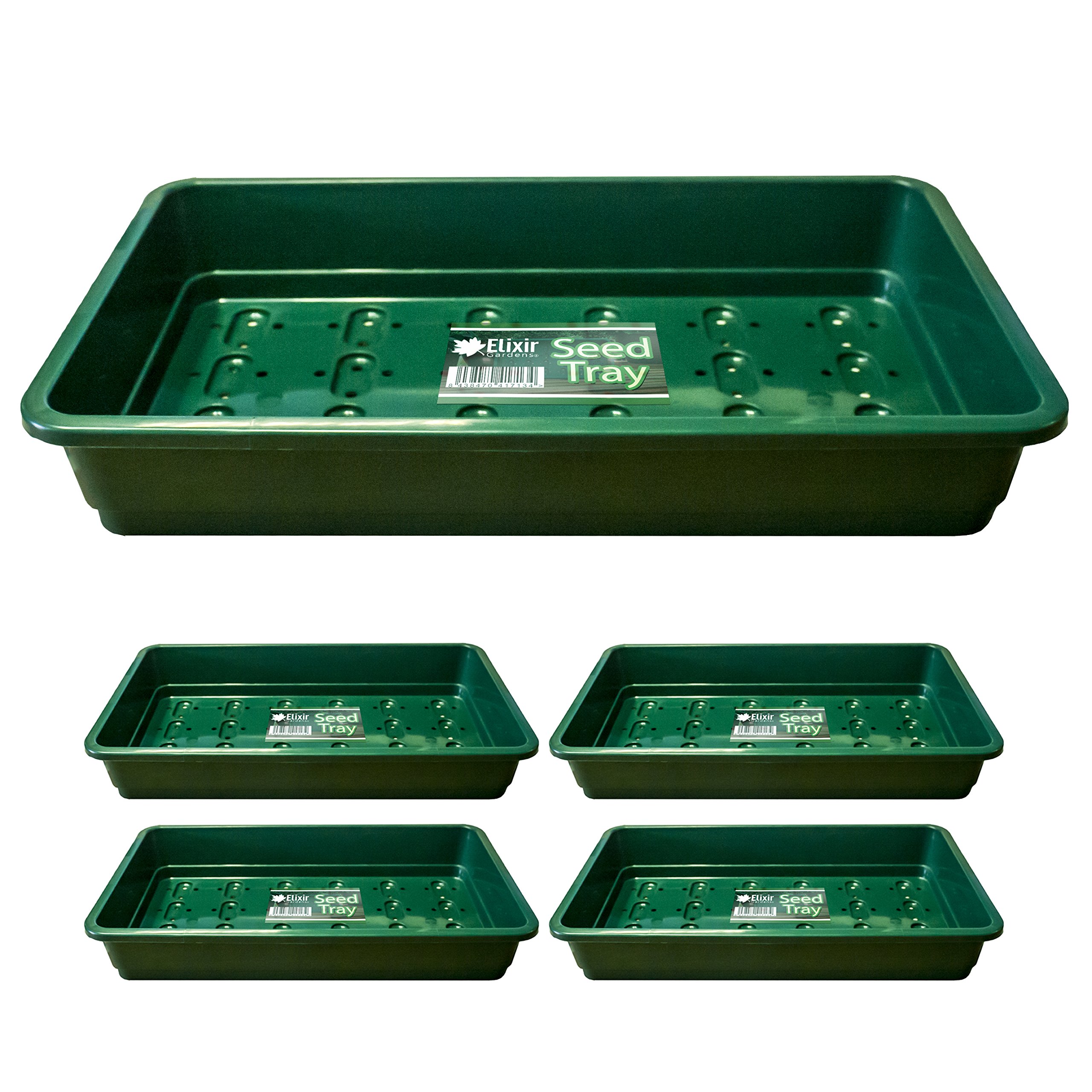 Elixir Gardens | Heavy Duty Plastic Seed Trays | Standard Full Size 37.5cm x 23cm x 6cm | Green | x 5