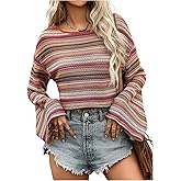 SOLY HUX Women's Striped T Shirt Bell Long Sleeve Hollow Out Knit Tee Boho Crop Tops