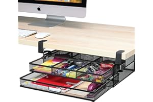Homeify Under Desk Drawer Organizer Clamp-On, Mesh Metal Drawer Attachment, 2 Drawer Slide Out, On Or Under Desk Organizer For Office Supplies & Home Essentials (2 Drawers)