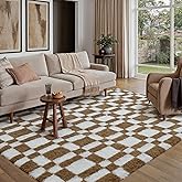 HUGEAR 5x8 Checkered Rug Brown and White Living Room Modern Shag Rug Super Soft Washable Indoor Fuzzy Carpet Fluffy Vacuumabl