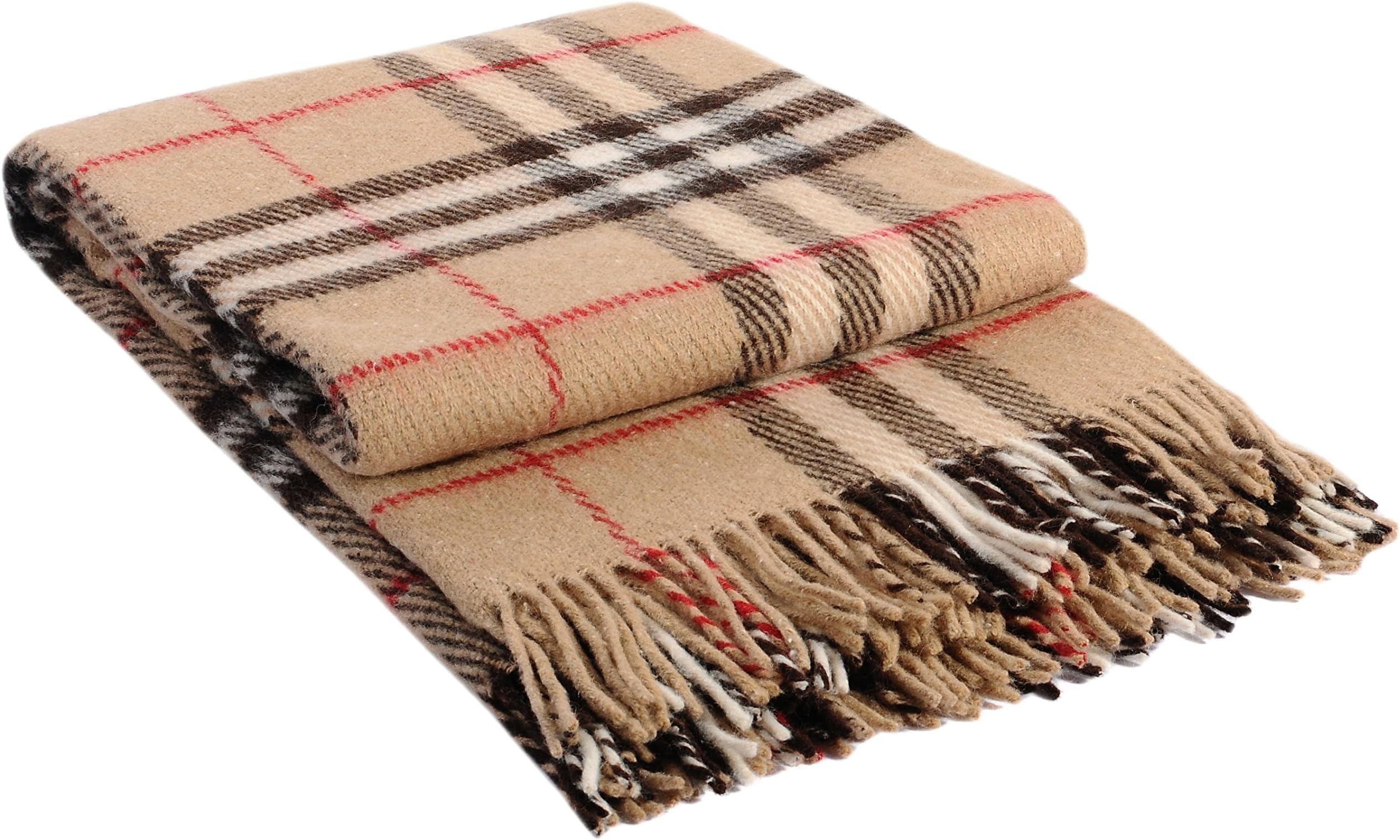Throw Plaid Blanket Vladi Pure 100% New Zealand Wool Elf Beige Brown & Red 140x200 55"x79"