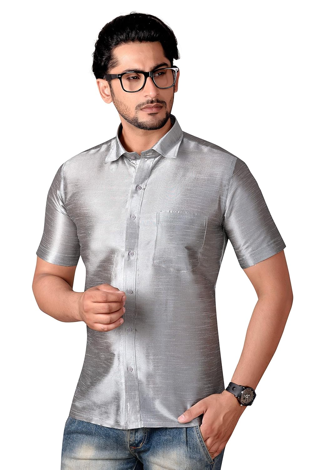 studio shringaar poly raw silk steel grey mens short sleeve party shirt