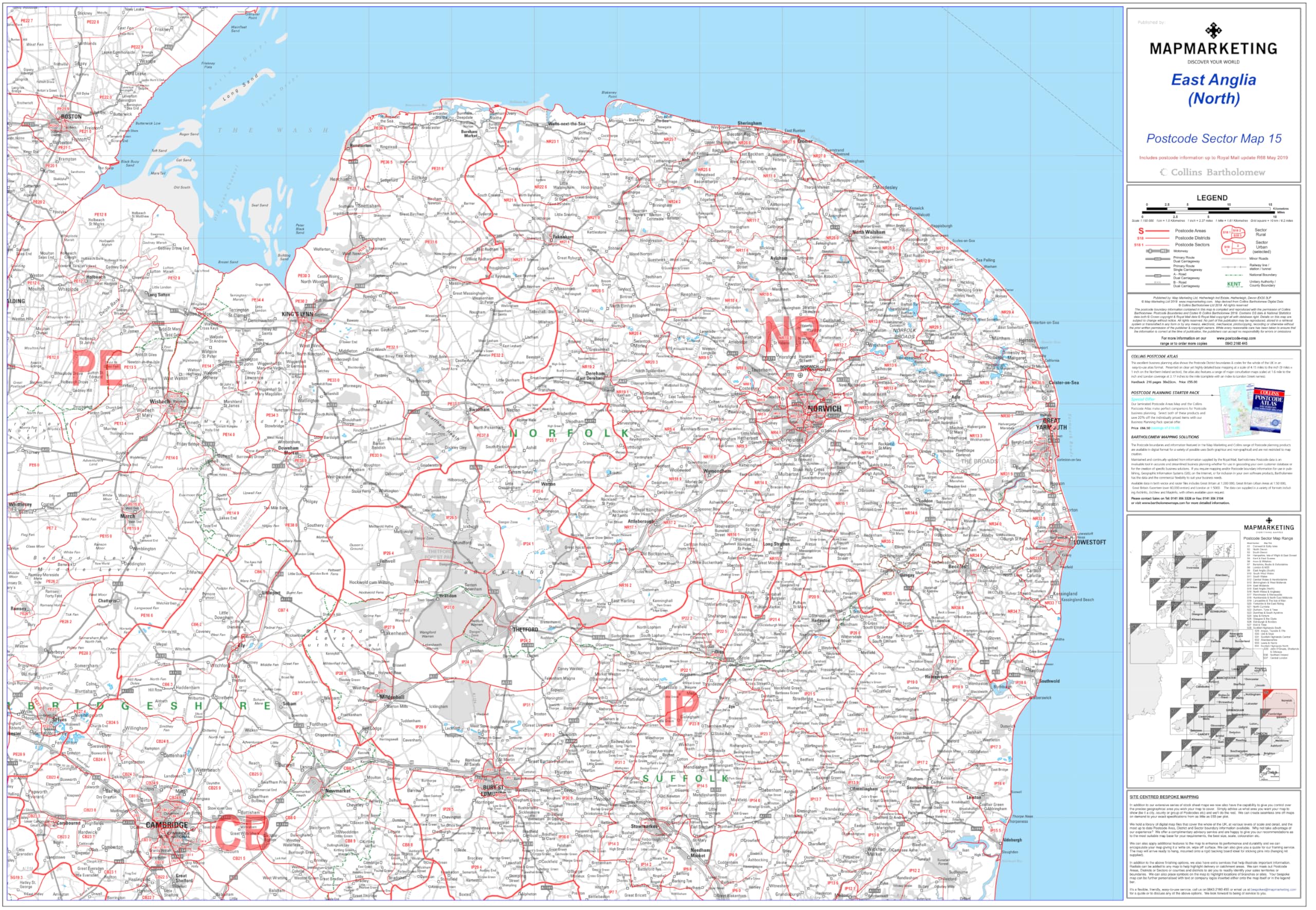 East Anglia - Postcode Sector Map 15 - Wall Map With Motorway, A' Roads, B' Roads, City Plans, Area, District, SectorsSize: 73 x 107 cm (29 x 42 inches) Scale: 1:150 000 (2.4 miles to 1 inch)