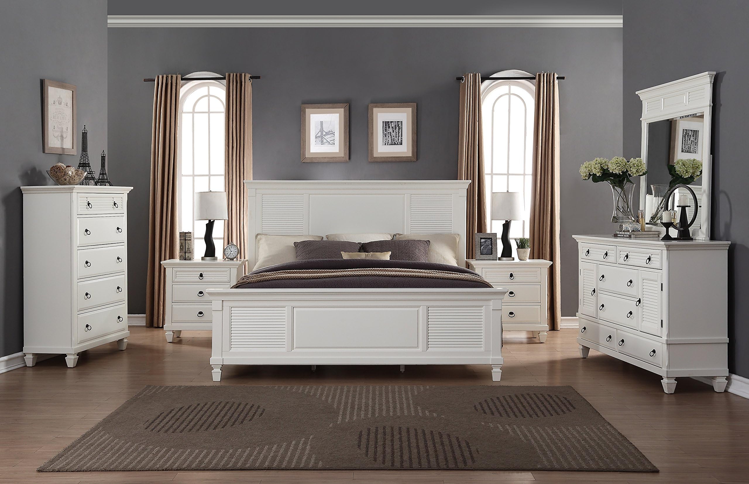 Roundhill Furniture Regitina 016 White King Bed, Dresser, Mirror 2 Nightstands, Chest Bedroom Furniture Set,