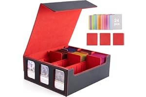Venssu Card Storage Box for Trading Cards with Card Supporters, 2300+ MTG Deck Box with 24 Colorful Divider Tabs, Trading Card Storage with Viewing Windows Fits for Magic Game(Black and Red)