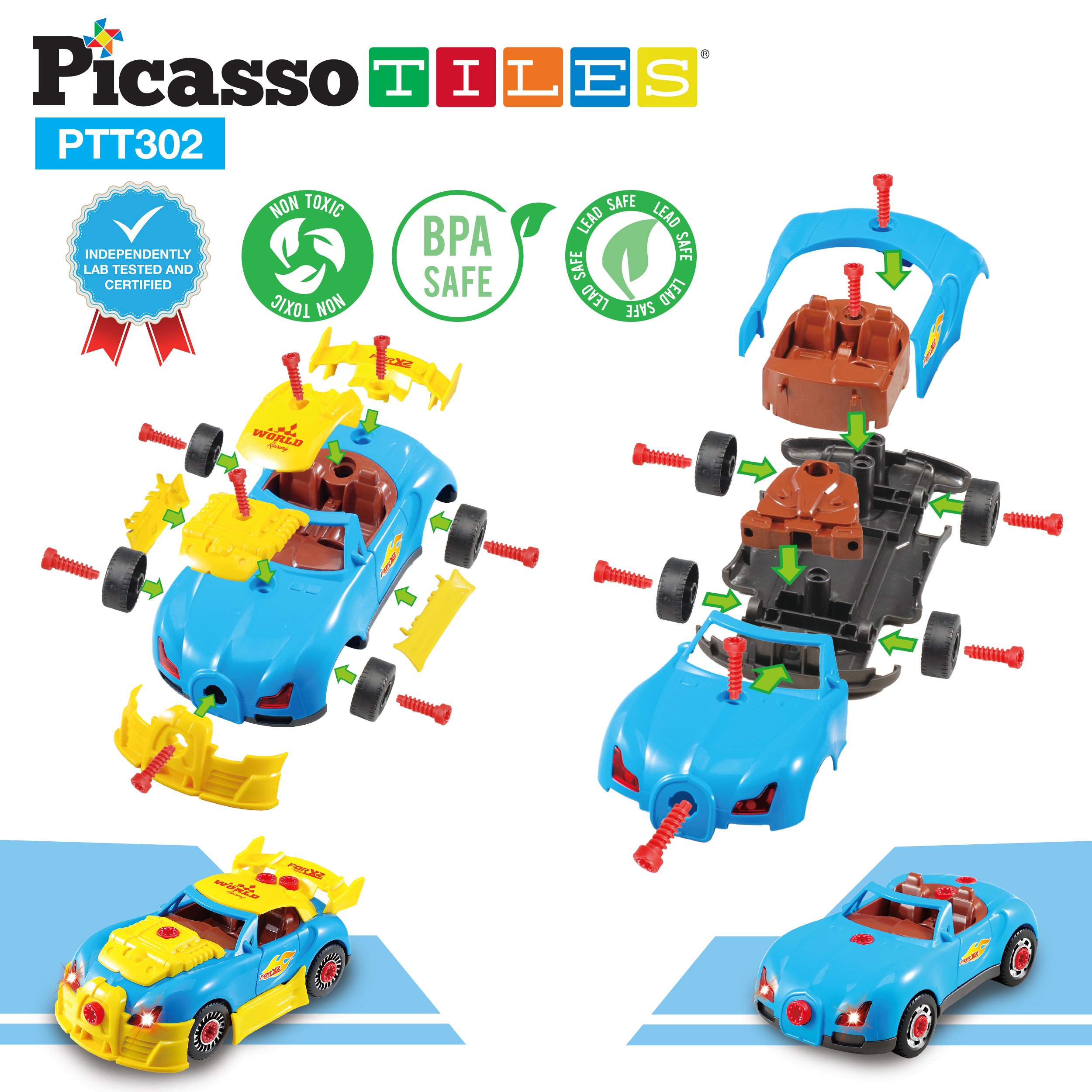 PicassoTiles Take-A-Part Race Car Set with LED, Engine Sound, Mini Electric Power Tool Reversible Drill, Screws Included PTT302 2-in-1 DIY Construction Build Your Own 30pc Racing Car S.T.E.A.M. Kit