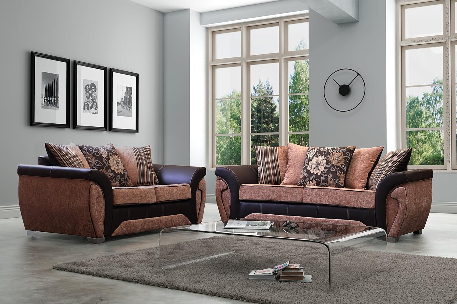 Las Vegas Brown Beige Fabric Leather Sofa Settee Couch 3 2 Seater