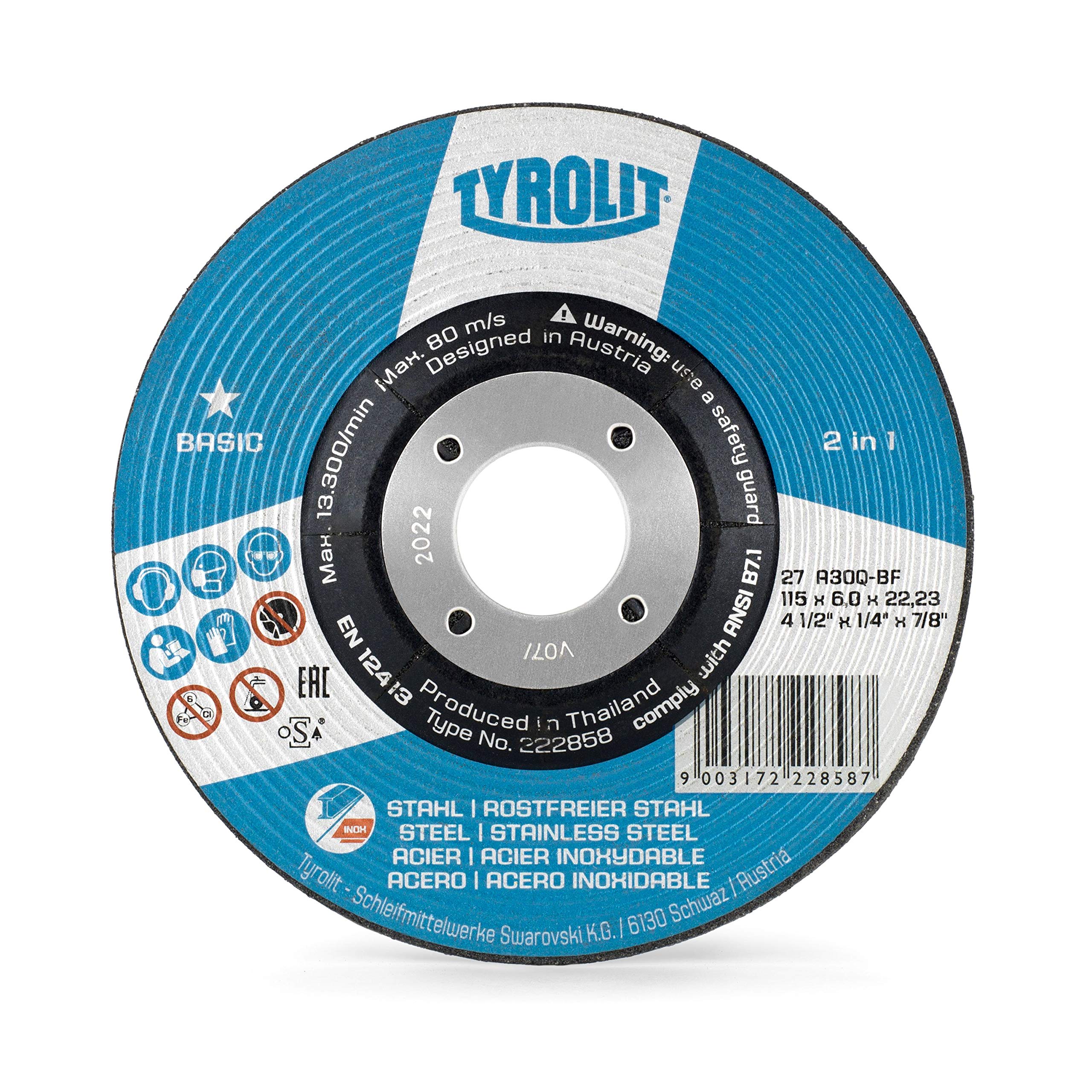 TYROLIT 222858 BASIC 2in1 Rough Grinding Wheels for Steel, Stainless Steel, 115mm Metal Cutting Discs, Angle Grinder Discs, 115 x 6 x 22.23 mm, 10-Pck