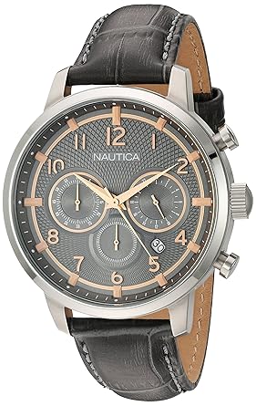Nautica Mens NCT 15 CHRONO Quartz Stainless Steel and Leather Casual Watch, Color:Grey(Model: NAD16524G)