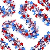66FT 4th of July Patriotic Tinsel Garland, Red White Blue Star Tinsel Garlands Patriotic Ornaments for Independence Day Memorial Day Indoor Outdoor Home Party Decor