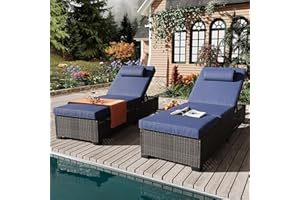Reljofum Outdoor PE Wicker Chaise Lounge Chairs, Set of 2, Modern Style, Blue, Rattan & Steel Frame, Adjustable Backrest, Comfortable Cushion & Head Pillow, Side Shelving, Indoor/Outdoor Use