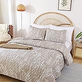 JANZAA Quilt King Size Oatmeal Quilt Bed Spread Boho Quilt with Floral Pattern Microfiber Quilts Set 3 Pieces Lightweight Comforter Reversible Bedding Set 1Quilt（104x90 inches） and 2 Pillow Cases