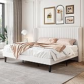 SHA CERLIN King Size Velvet Bed Frame with Vertical Channel Tufted Wingback Headboard, Upholstered Platform Bed with Wood Slats, No Box Spring Needed, Easy Assembly, White