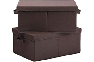 HOONEX Linen Foldable Storage Bins with Lids, 2 Pack, Storage Boxes with Carrying Handles and Sturdy Heavy Cardboard, 16.5" L x 11.8" W x 7.5" H for Shoes, Clothes, Brown