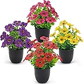 Der Rose 4 Pack Fake Plants in Matte Black Pot DIY Assembly Mini Artificial Flowers, Spring Home Decor for Office Desk Bedroom Bathroom