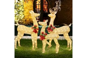 Shintenchi 3-Piece LED Lighted Christmas Deer Outdoor Yard Decorations, 3D Super Large Christmas Reindeer Decor, Outdoor Lighted Holiday Deer with 360 LED Displays for Front Yards Garden Lawn Patio