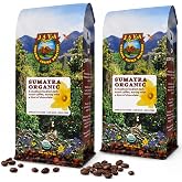 Java Planet Low Acid Organic Sumatra Whole Bean Coffee 32oz (pack of 2) | Certified USDA Organic Arabica Coffee Beans. Low acid, mold tested. Smithsonian Bird Friendly. Dark roast, two 1-pound bags.