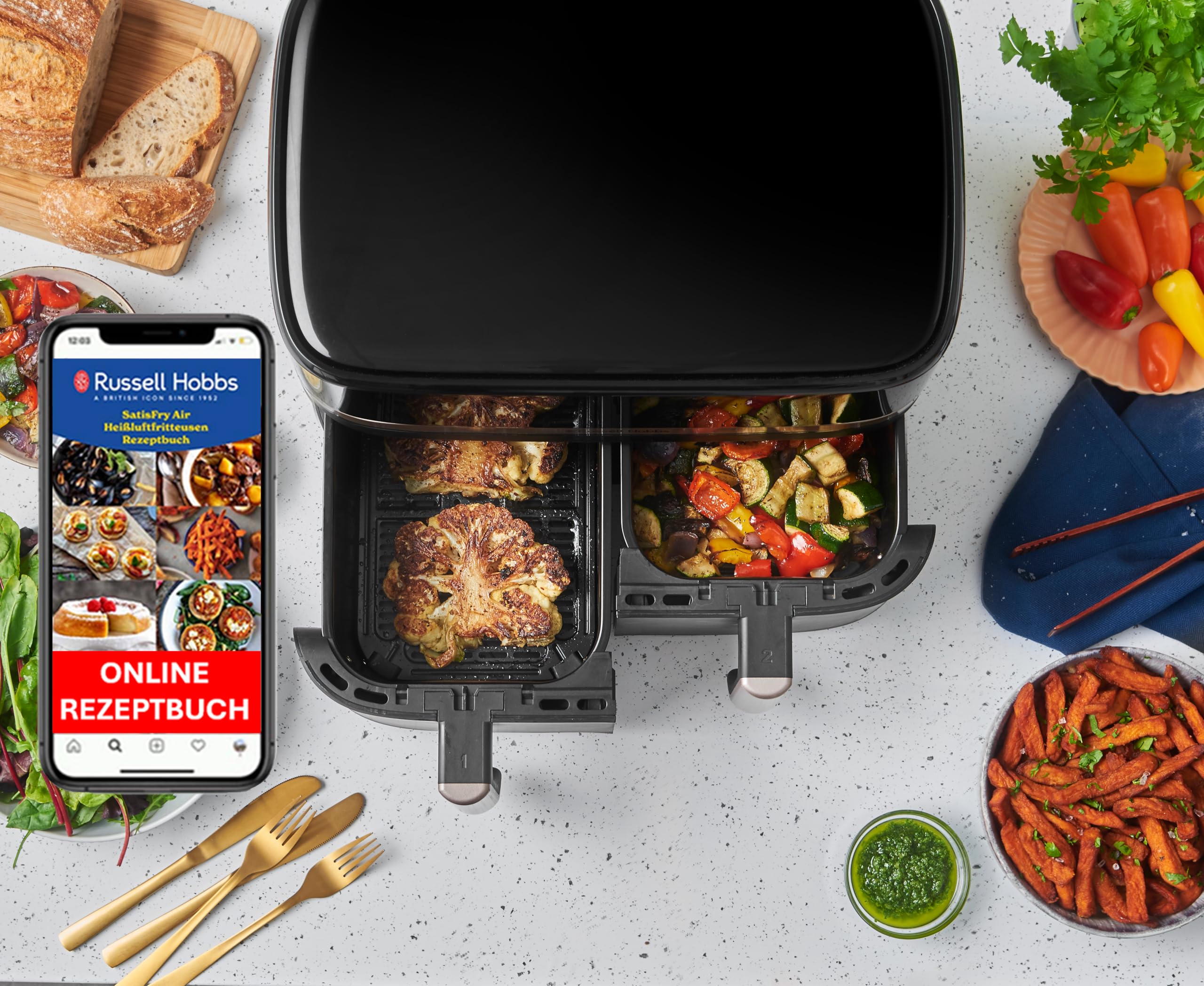 Russell Hobbs Heißluftfritteuse 2 Kammern 9L Rapid AirFryer [2 Fächer je 4,5l, sehr leiser Betrieb, 9 Programme] SatisFry Fritteuse (spülmaschinenfest, Match & Synchronisierungsfunktion) 27681-56 3
