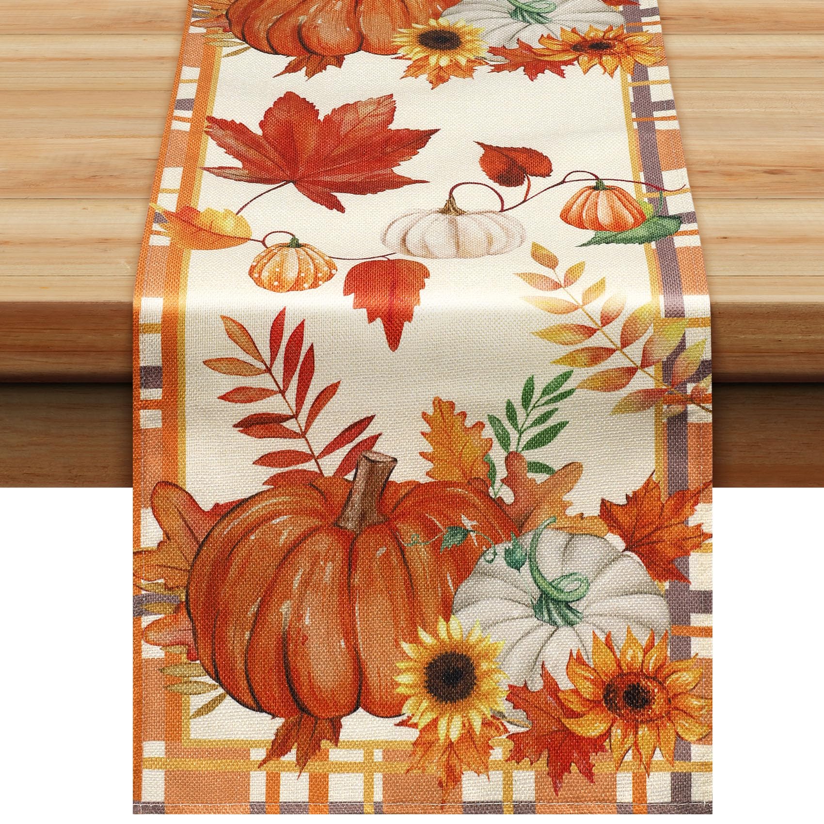 Photo 1 of Fall Table Runner, Plaid Pumpkin Maple Leaves Table Runners for Autumn Harvest Kitchen Dining Table Decoration Indoor Home Party Thanksgiving Decor 13x72 Inch