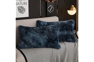 WERDIM Shaggy Faux Fur Pillowcases 2 Pack Button Closure Velvet Pillow Shams King Size (Tie Dye Navy, 20 X 36 Inches)