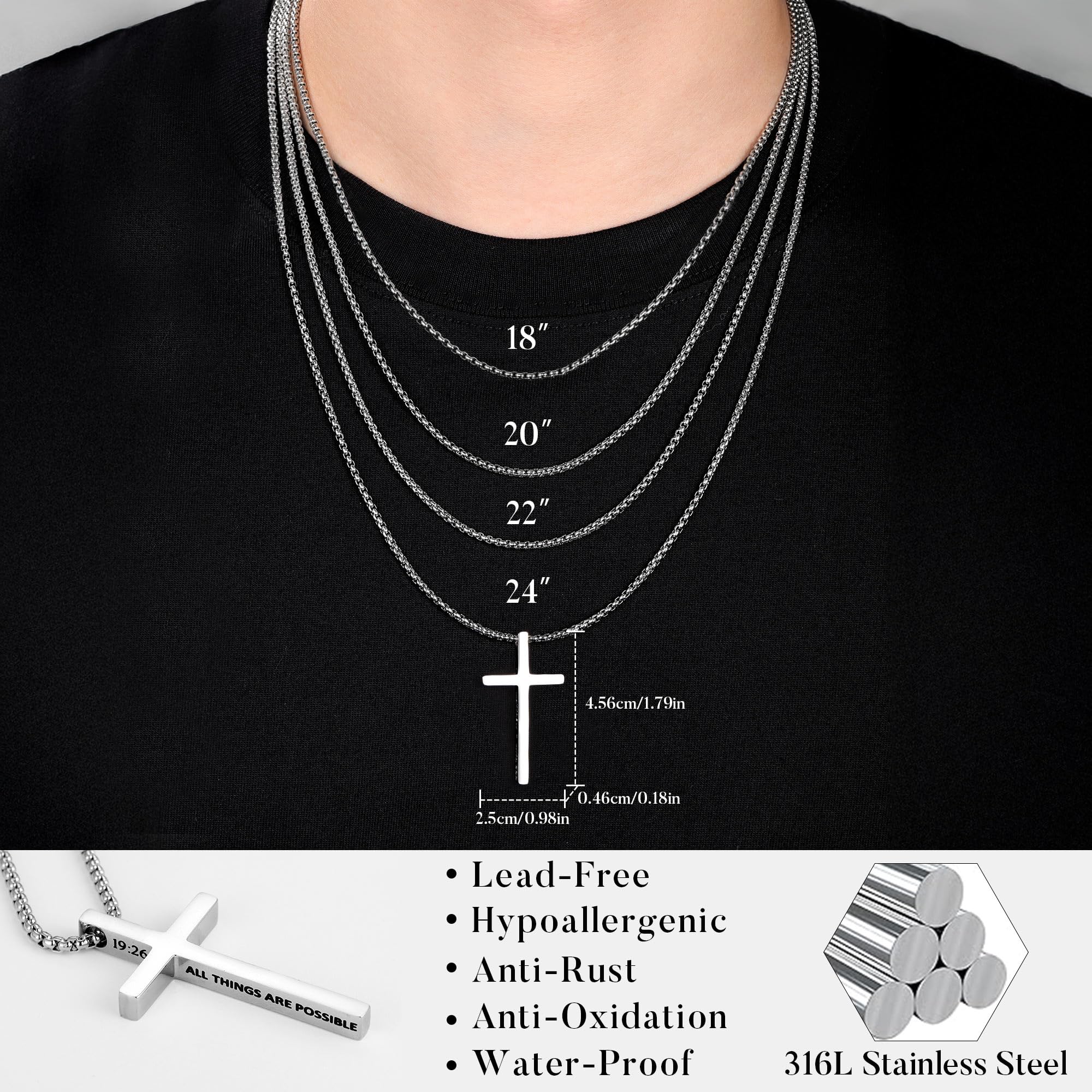Ursteel 2 Pcs Black Silver Cross Necklace for Men - Inspirational Bible Verse Cross Chain for Men Stainless Steel Cross Pendant Necklace for Men Teen Boys Religious Christian Gifts, 18-24 Inches