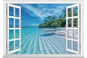 FLFK Fake Window Wall Decal - Summer Beach Faux Window Wall Mural for Wall Decor, Peel and Stick Wall Sticker, 24"x16"