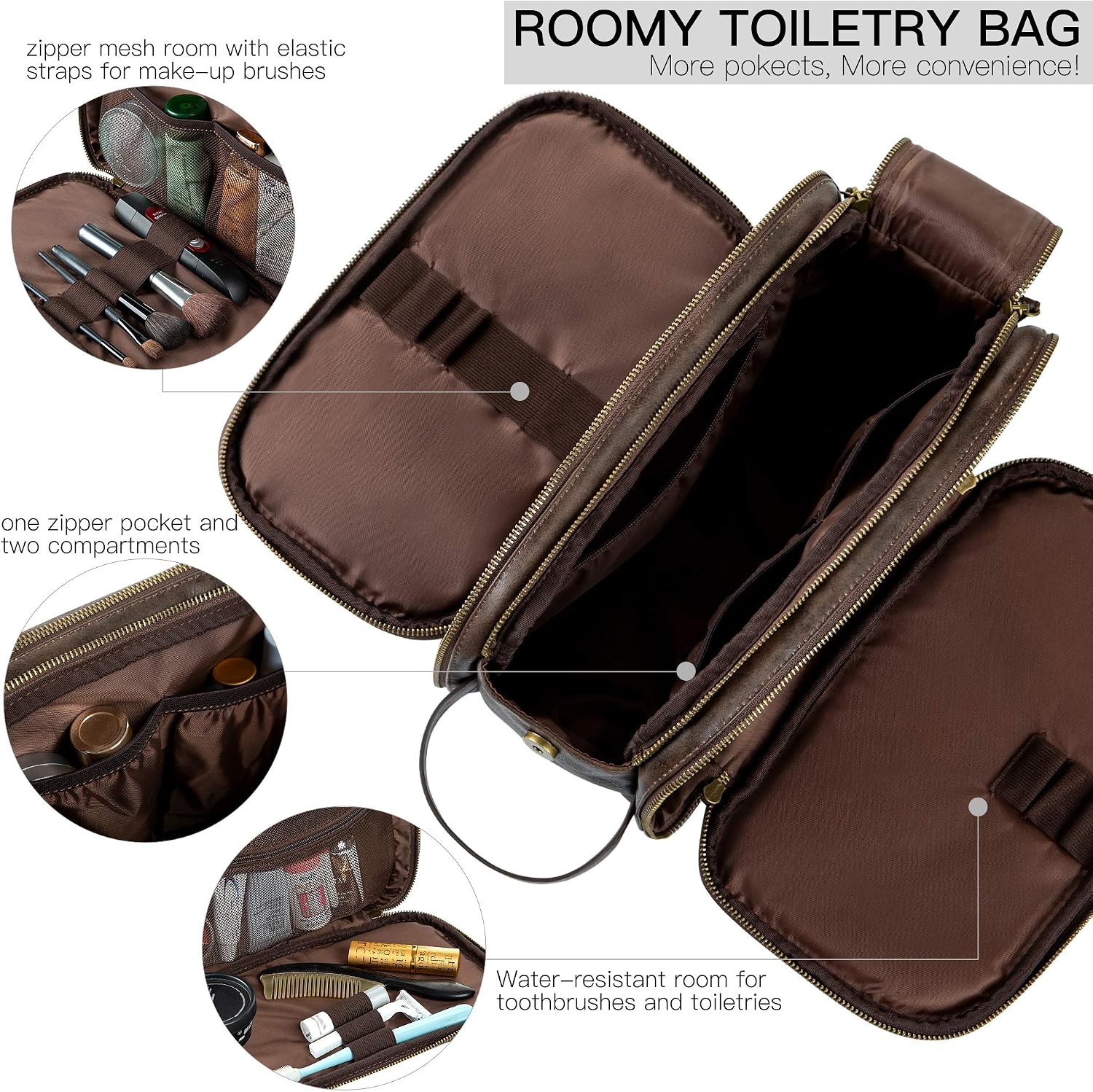 Elviros Water-Resistant PU Leather Toiletry Bag for Men Large Travel Wash Bag Shaving Dopp Kit Bathroom Gym Toiletries Makeup Organizer with Wet Dry Bag,Gift for Men(Chocolate-Small) - Image 4