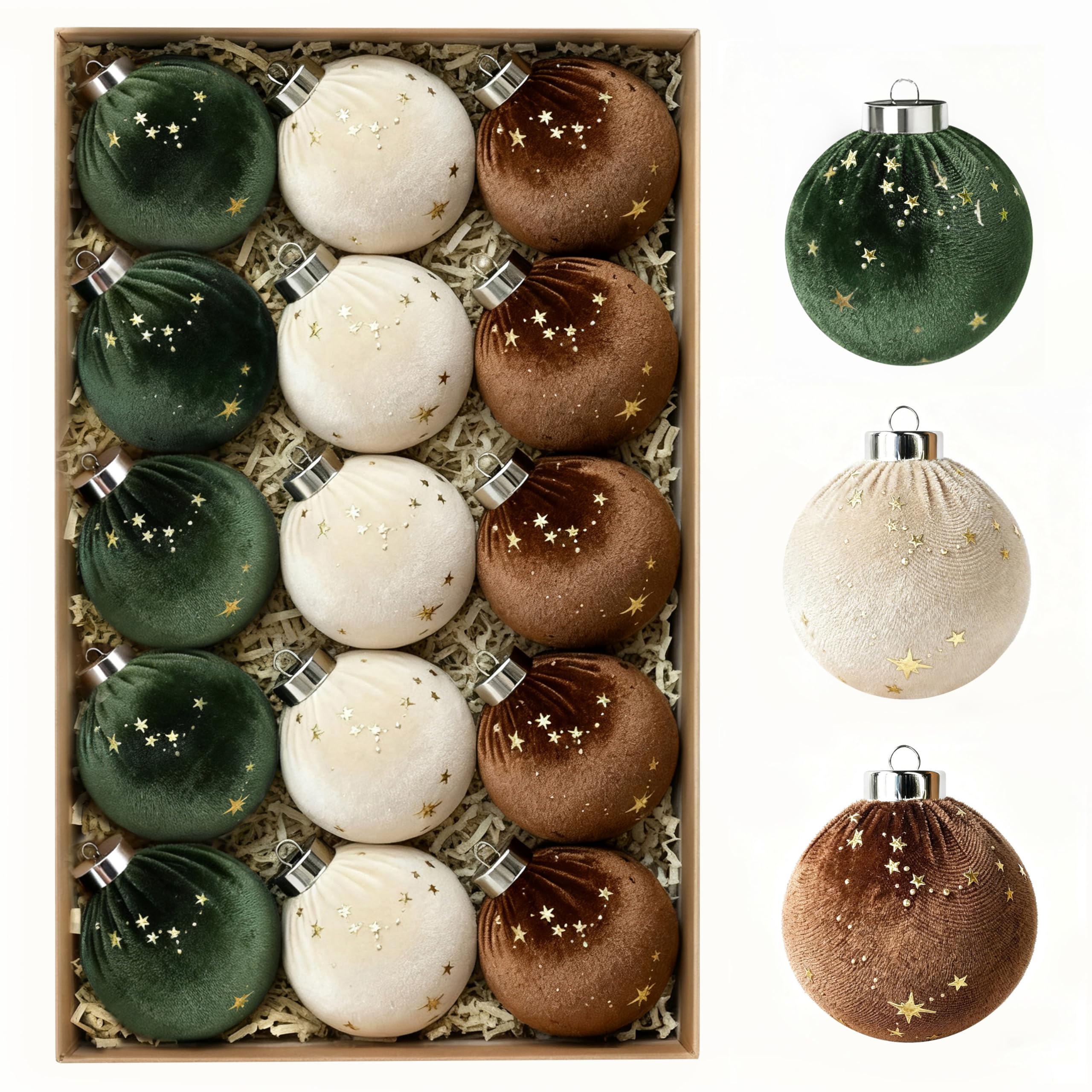 Photo 1 of 15 PCS Christmas Tree Ornaments Velvet Balls, 3.15 Inch Large Velvet Christmas Tree Ball Ornaments Set Star, Shatterproof Plastic Hanging Bulb for Xmas Tree Decorations - Multicolor Green Brown Beige